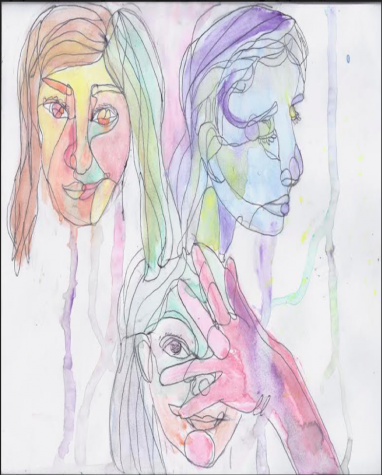 “Faces” Alexandria Myers, 8th grade. This painting was done with watercolor, which captures the fluidity of the faces and poses perfectly. By combining lots of colors and elements, we get a feel of creativity and strong emotions.  