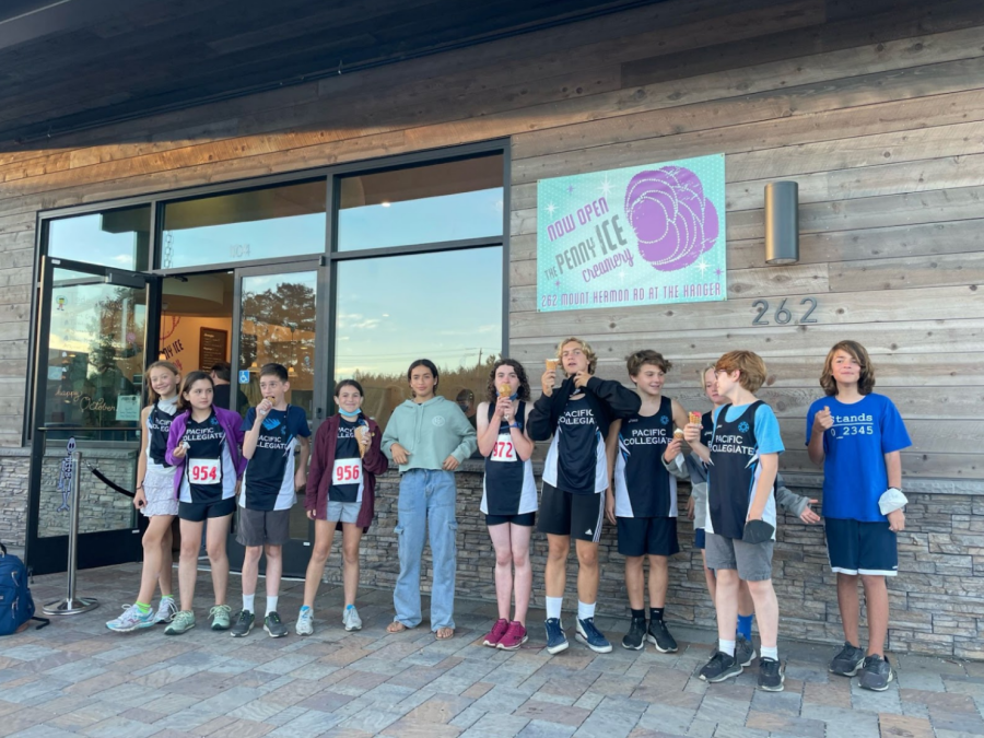 Above: The Junior High team celebrates at the Penny Ice Creamery after a meet.
